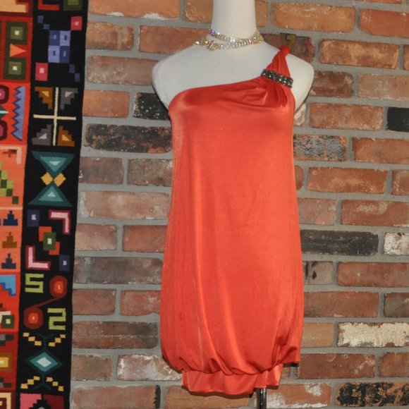 BCBGMaxAzria Scarlet 1 Shoulder Black Jeweled Draped, bubble hem Mini Dress XS-S - Picture 1 of 4